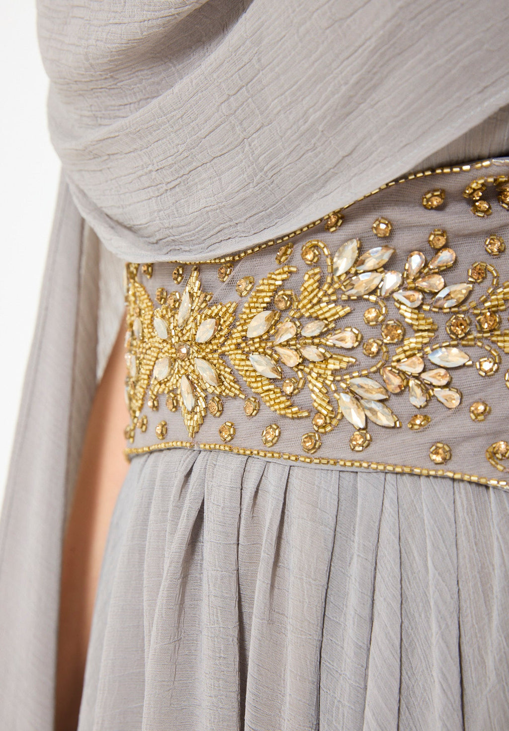 Embellished Waist-Belt Cowl Draped Evening Gown