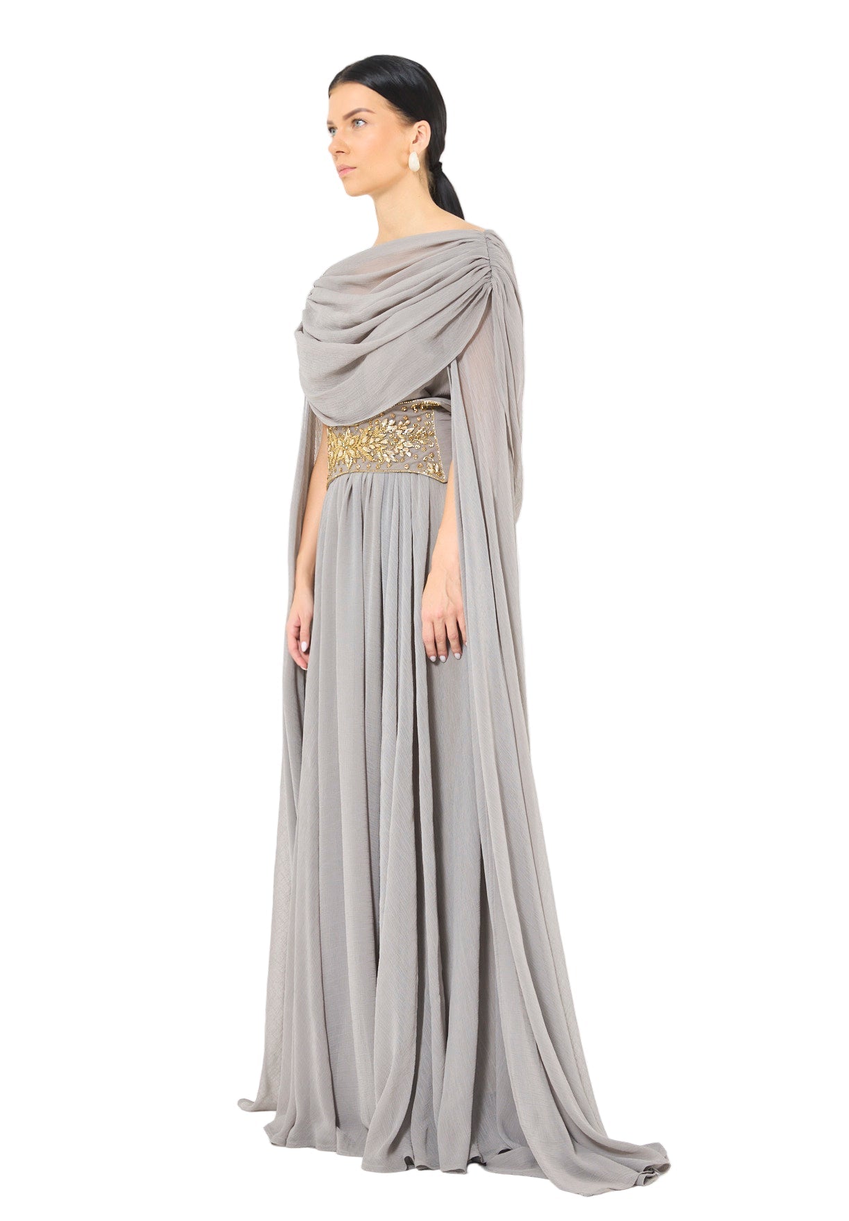 Embellished Waist-Belt Cowl Draped Evening Gown
