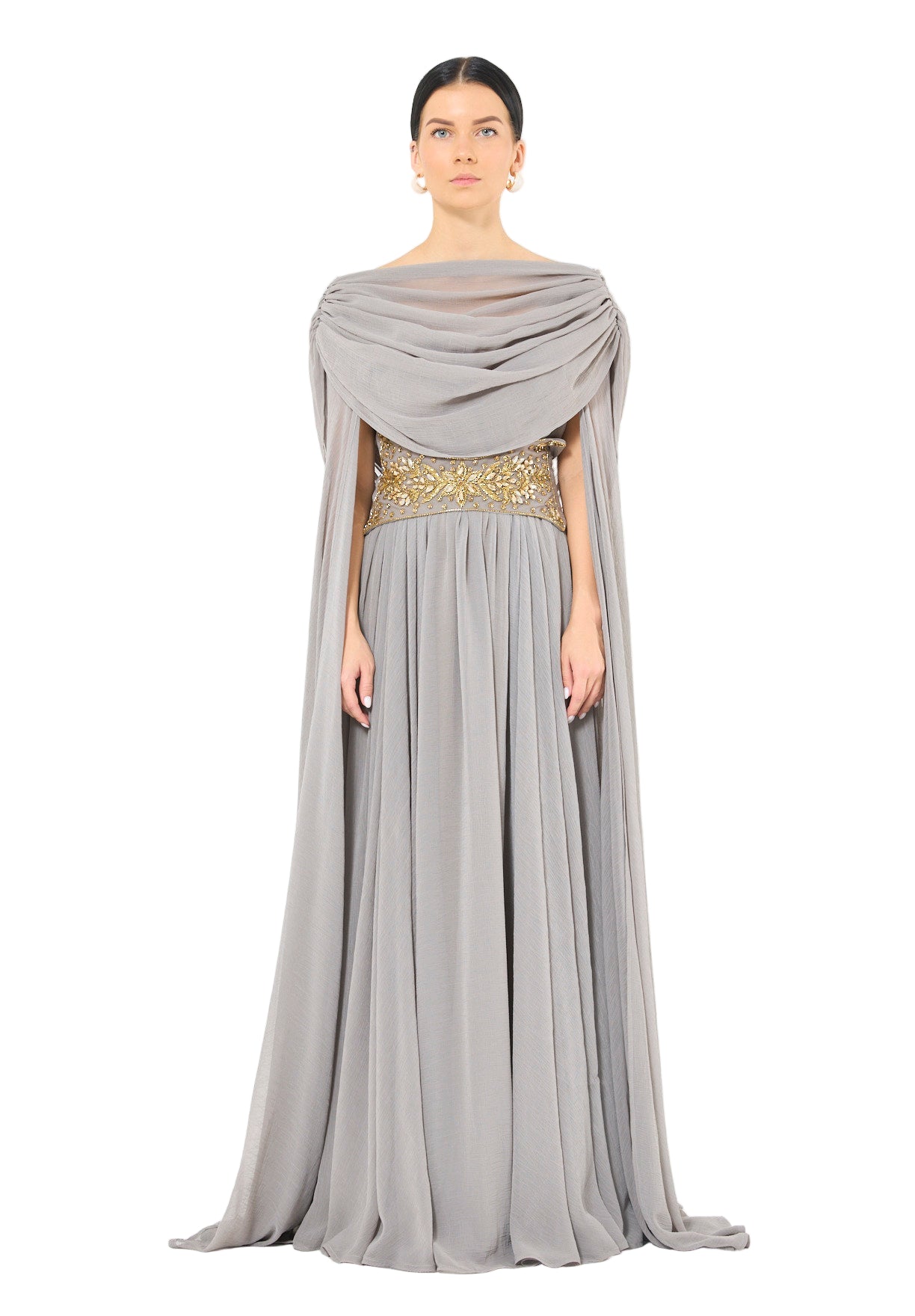 Embellished Waist-Belt Cowl Draped Evening Gown