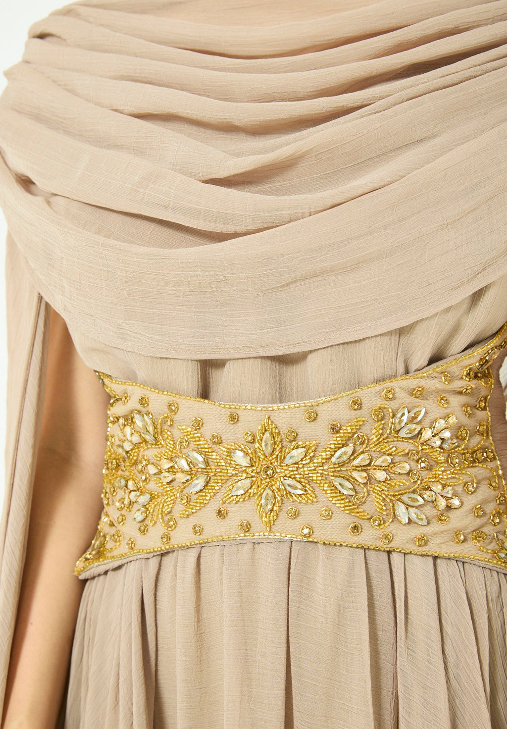 Embellished Waist-Belt Cowl Draped Evening Gown