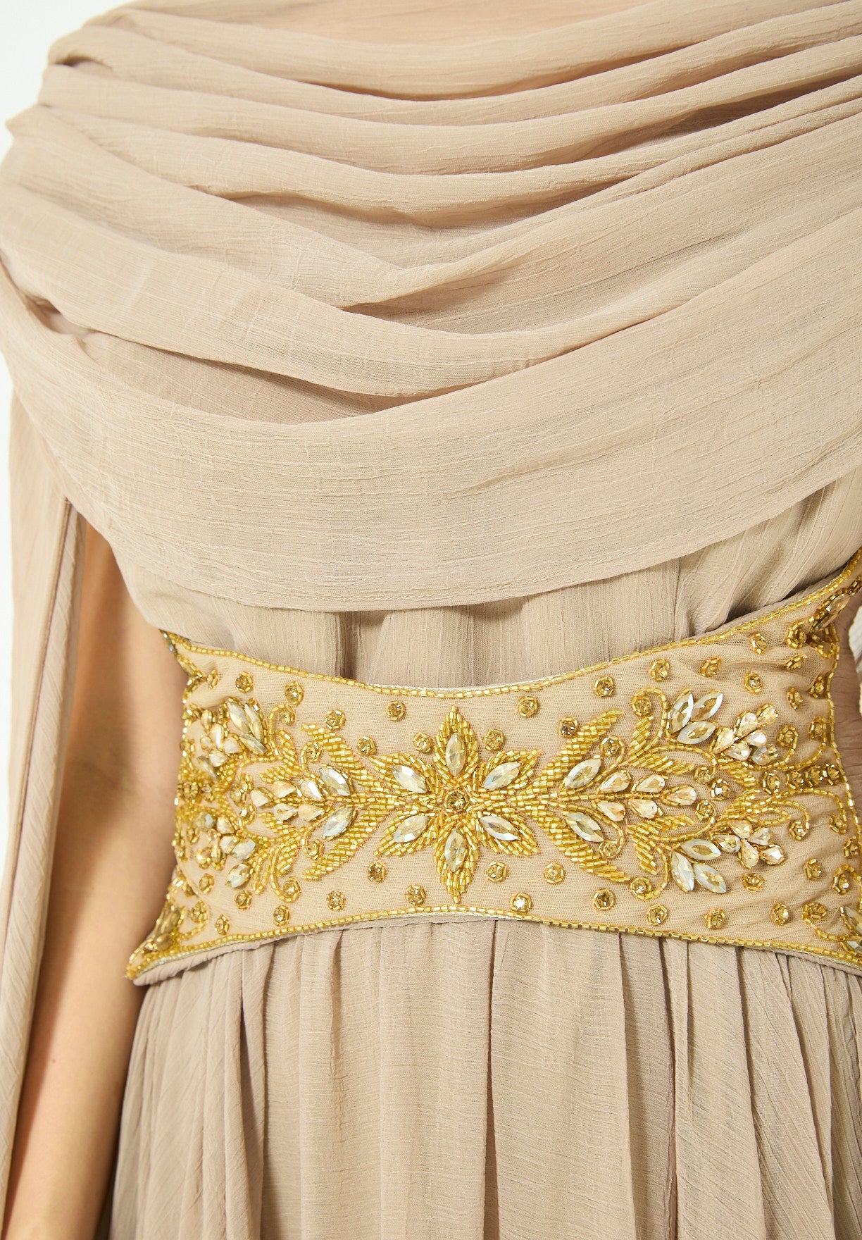 Embellished Waist-Belt Cowl Draped Evening Gown