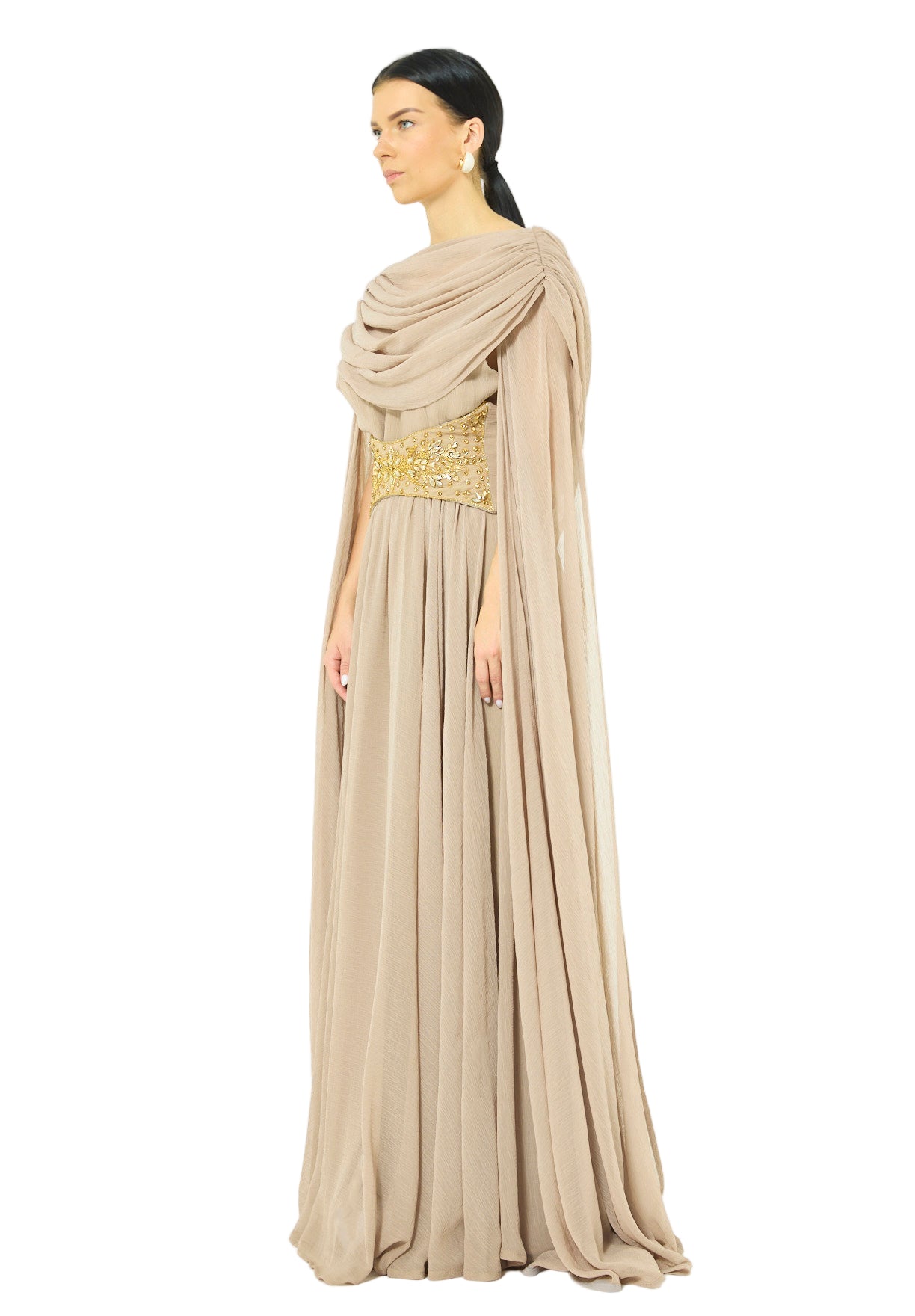 Embellished Waist-Belt Cowl Draped Evening Gown