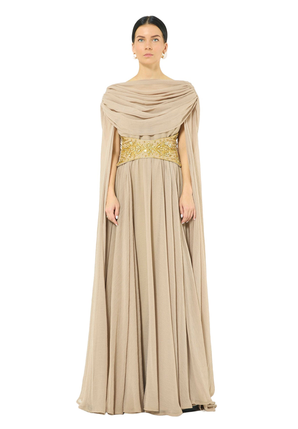 Embellished Waist-Belt Cowl Draped Evening Gown