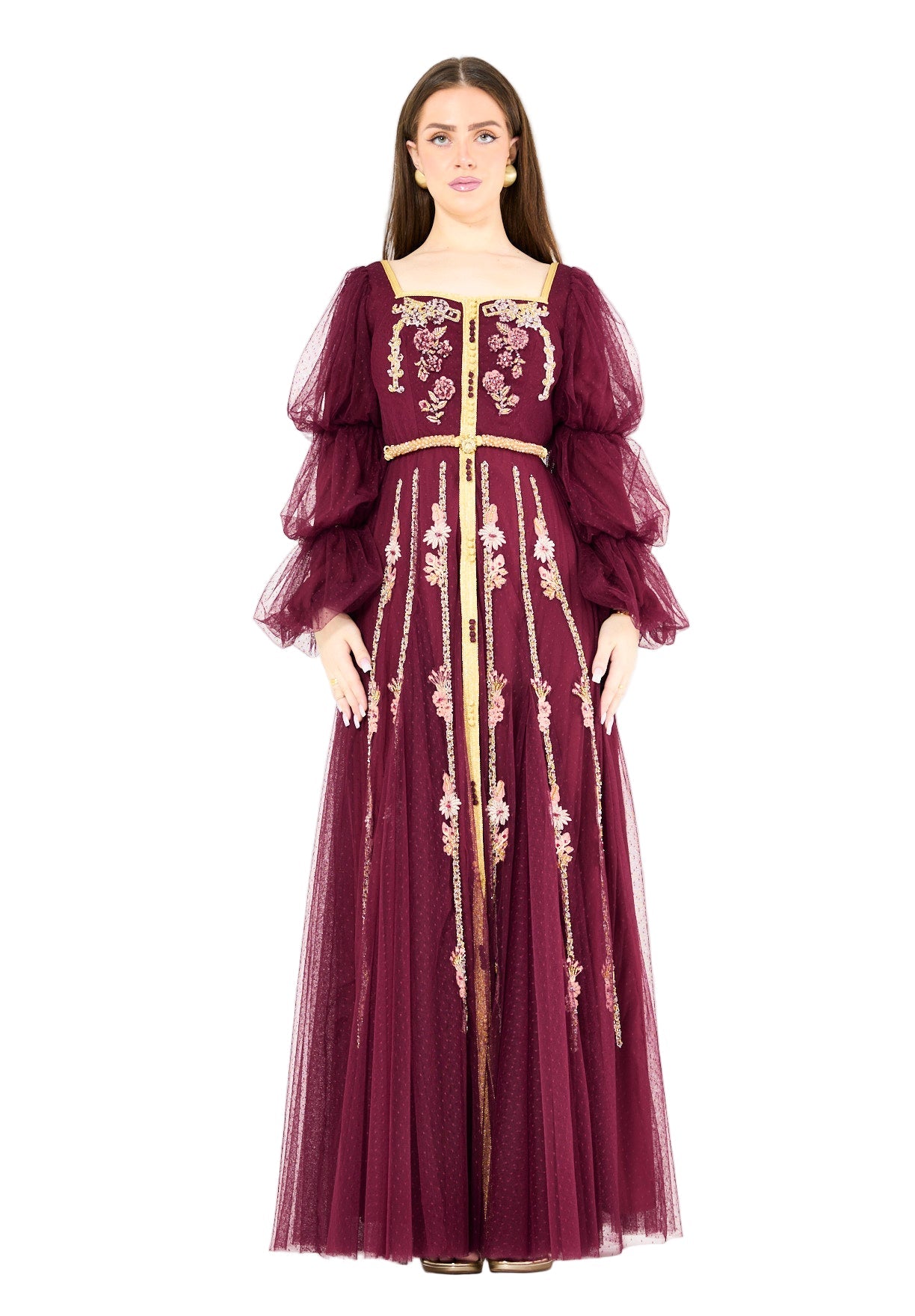 Embroidered Accents Gown with Layered Sleeves