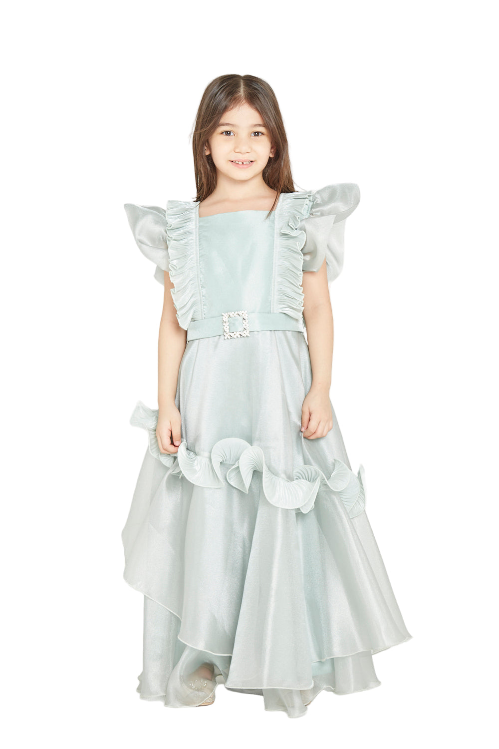 Radiant Crystal Buckle Ruffle Gown
