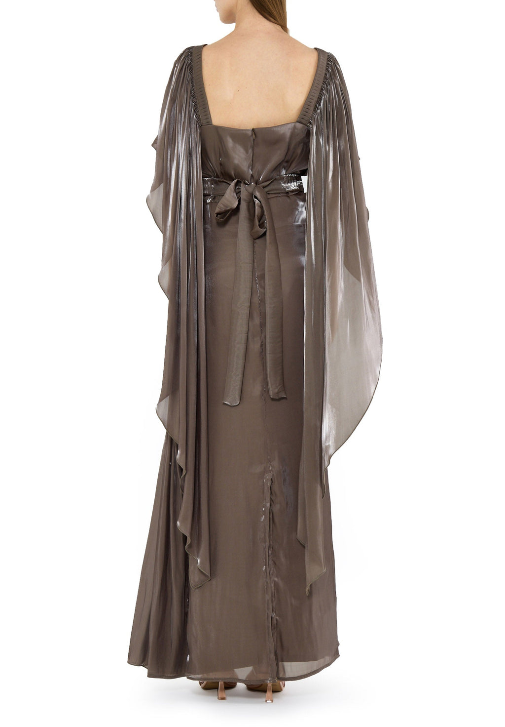 Beautiful Asymmetrical Silk Draped Bardot Dress With Square Neckline And Flared Sleeves