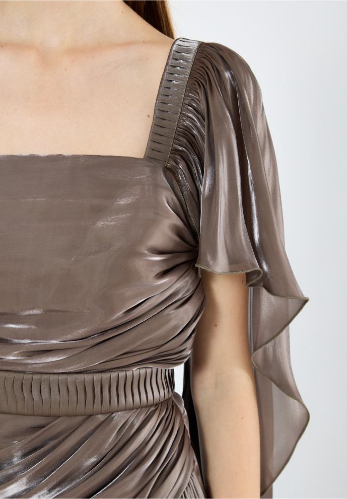 Beautiful Asymmetrical Silk Draped Bardot Dress With Square Neckline And Flared Sleeves