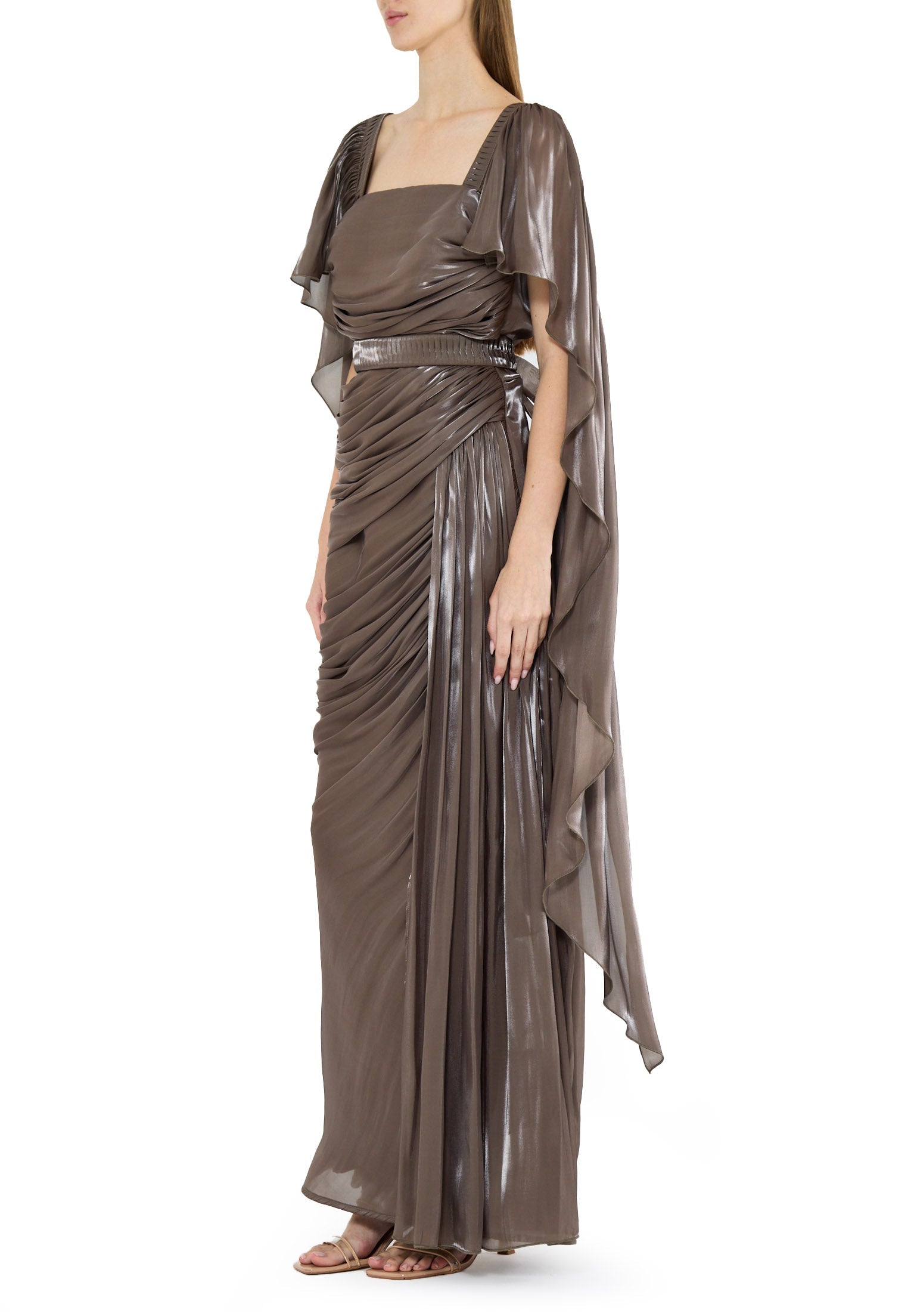 Beautiful Asymmetrical Silk Draped Bardot Dress With Square Neckline And Flared Sleeves