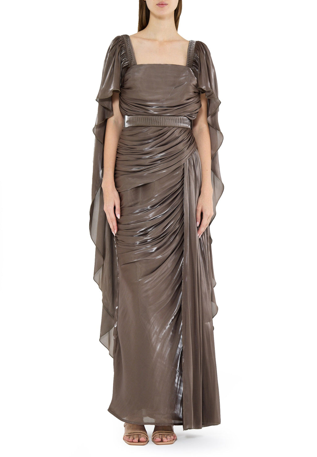 Beautiful Asymmetrical Silk Draped Bardot Dress With Square Neckline And Flared Sleeves