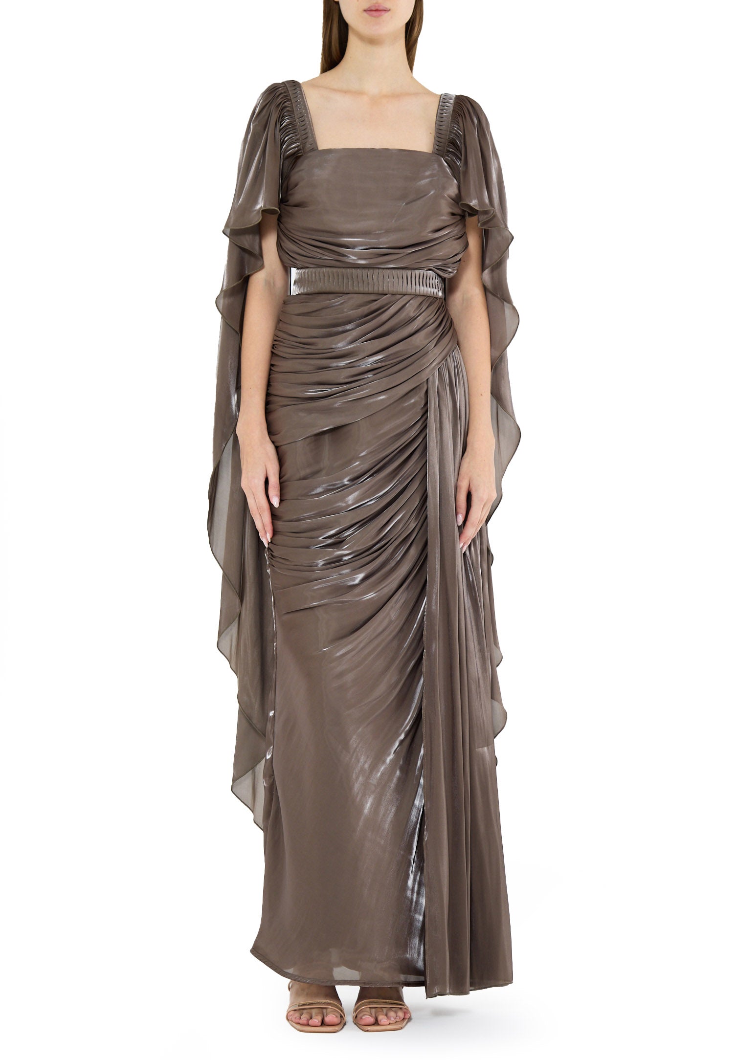 Beautiful Asymmetrical Silk Draped Bardot Dress With Square Neckline And Flared Sleeves