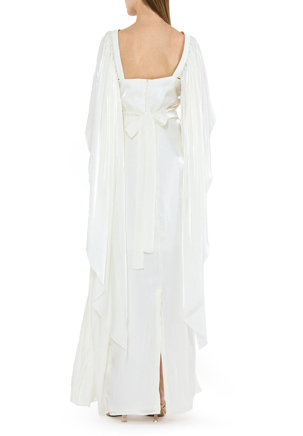 Beautiful Asymmetrical Silk Draped Bardot Dress With Square Neckline And Flared Sleeves