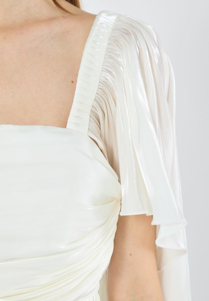 Beautiful Asymmetrical Silk Draped Bardot Dress With Square Neckline And Flared Sleeves