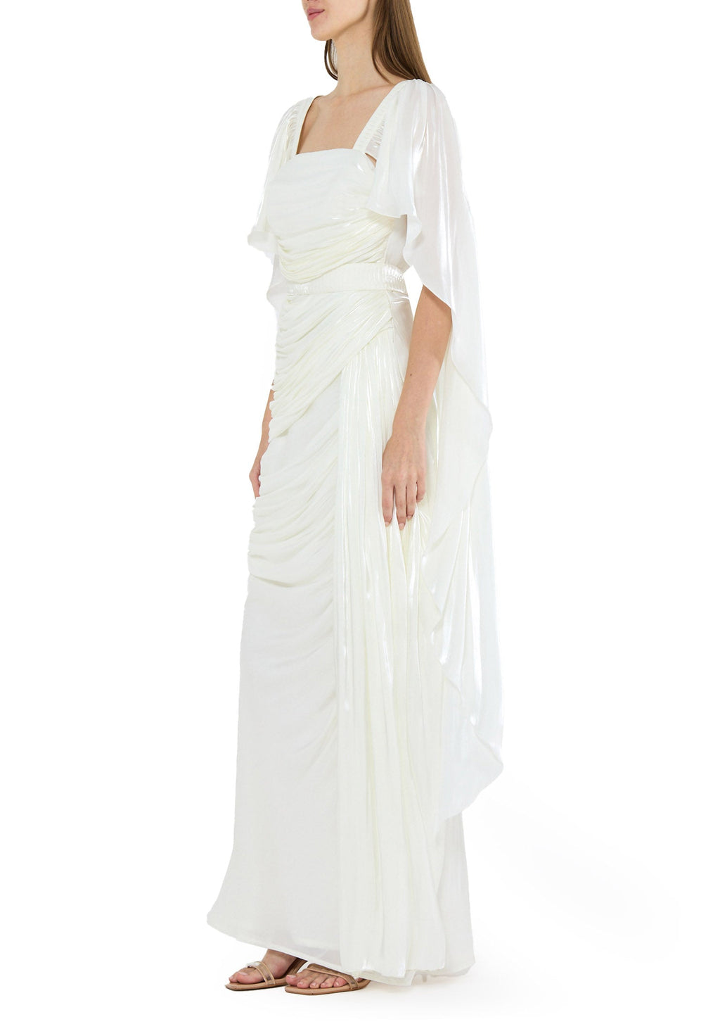 Beautiful Asymmetrical Silk Draped Bardot Dress With Square Neckline And Flared Sleeves