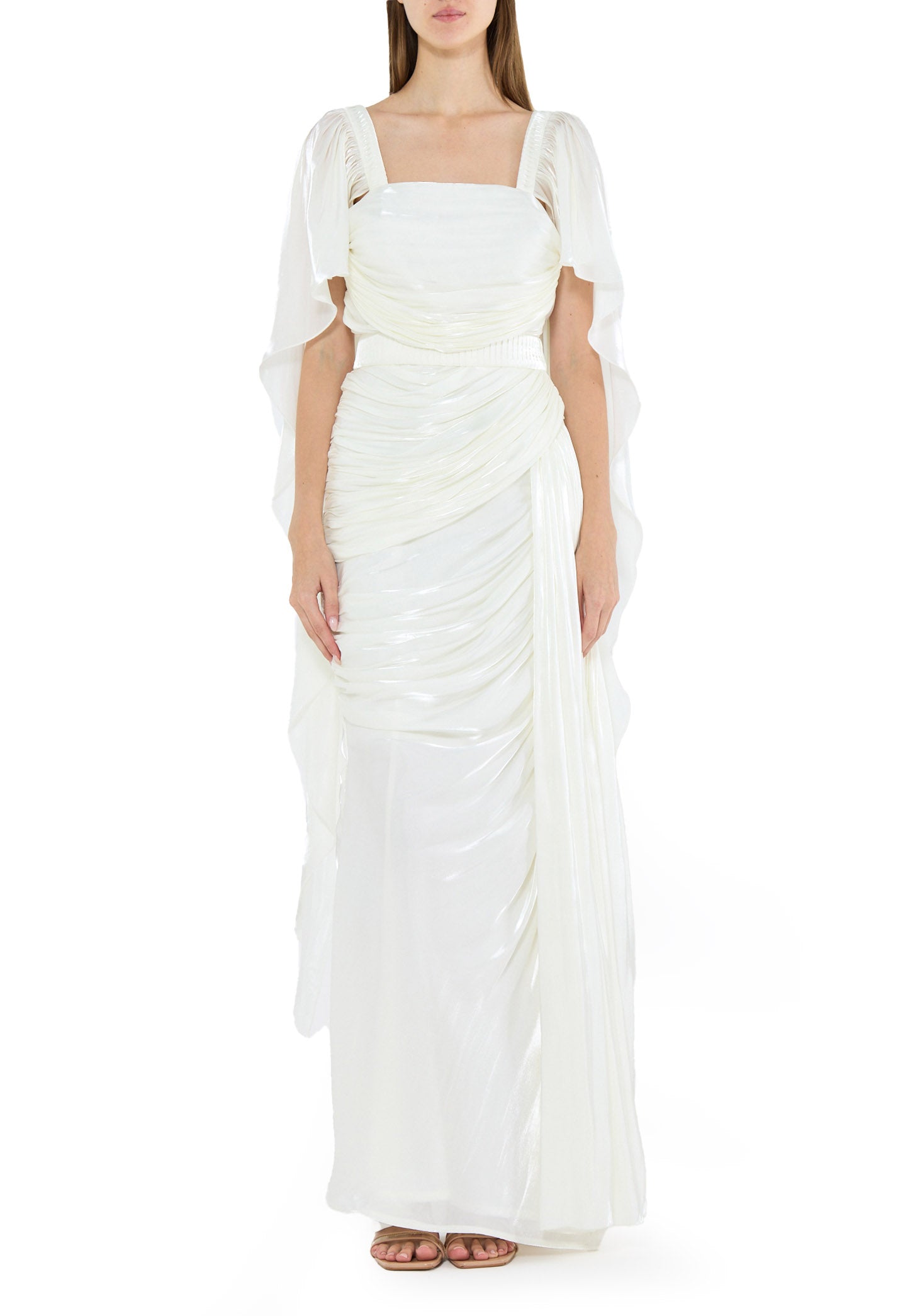 Beautiful Asymmetrical Silk Draped Bardot Dress With Square Neckline And Flared Sleeves