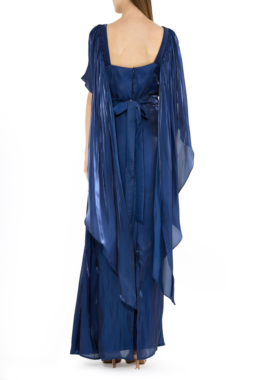 Beautiful Asymmetrical Silk Draped Bardot Dress With Square Neckline And Flared Sleeves
