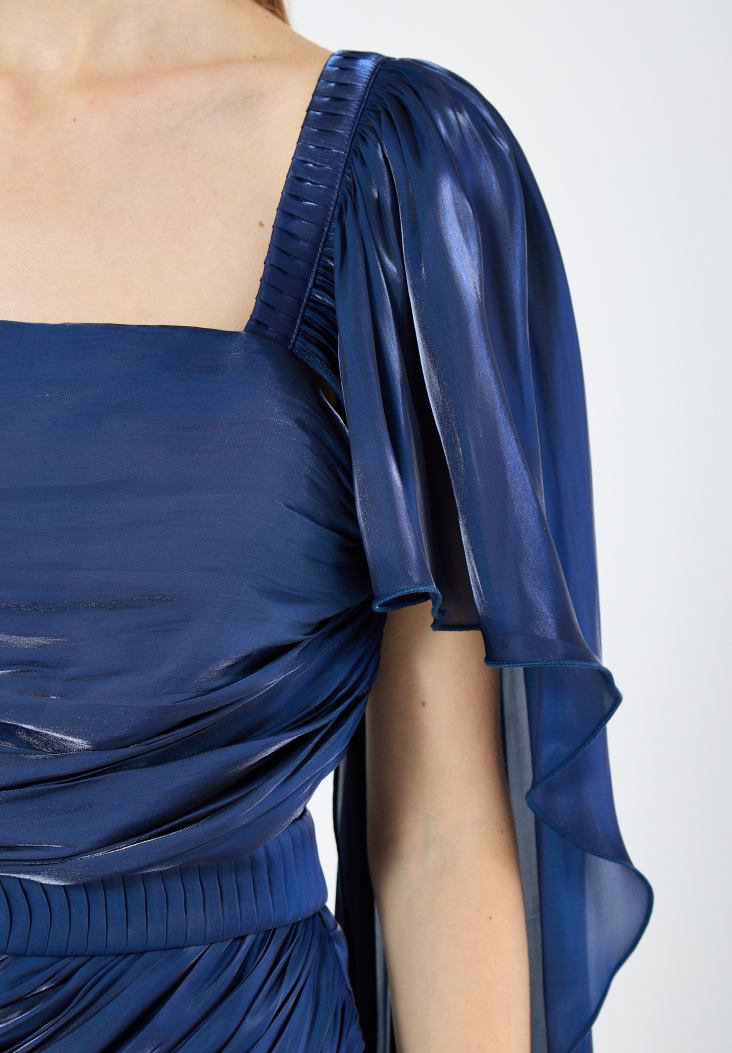 Beautiful Asymmetrical Silk Draped Bardot Dress With Square Neckline And Flared Sleeves