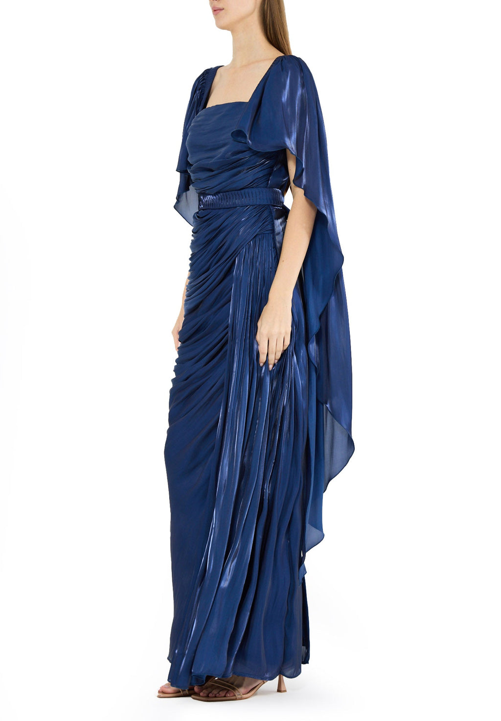 Beautiful Asymmetrical Silk Draped Bardot Dress With Square Neckline And Flared Sleeves