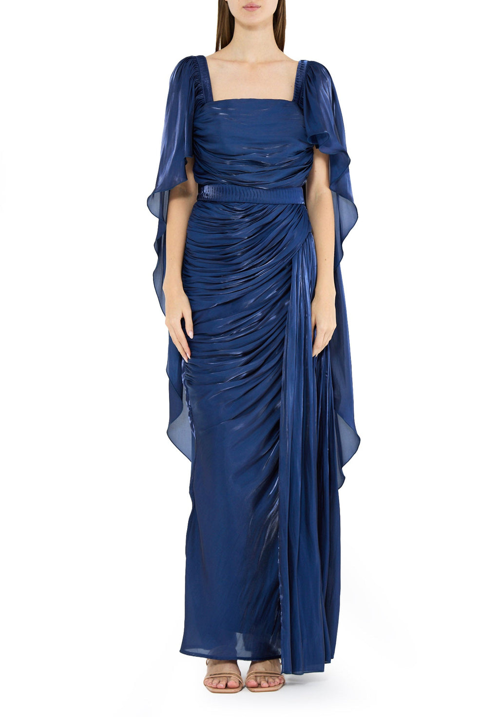 Beautiful Asymmetrical Silk Draped Bardot Dress With Square Neckline And Flared Sleeves
