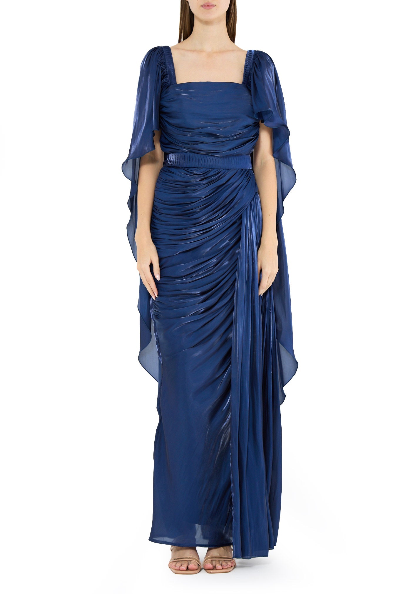 Beautiful Asymmetrical Silk Draped Bardot Dress With Square Neckline And Flared Sleeves