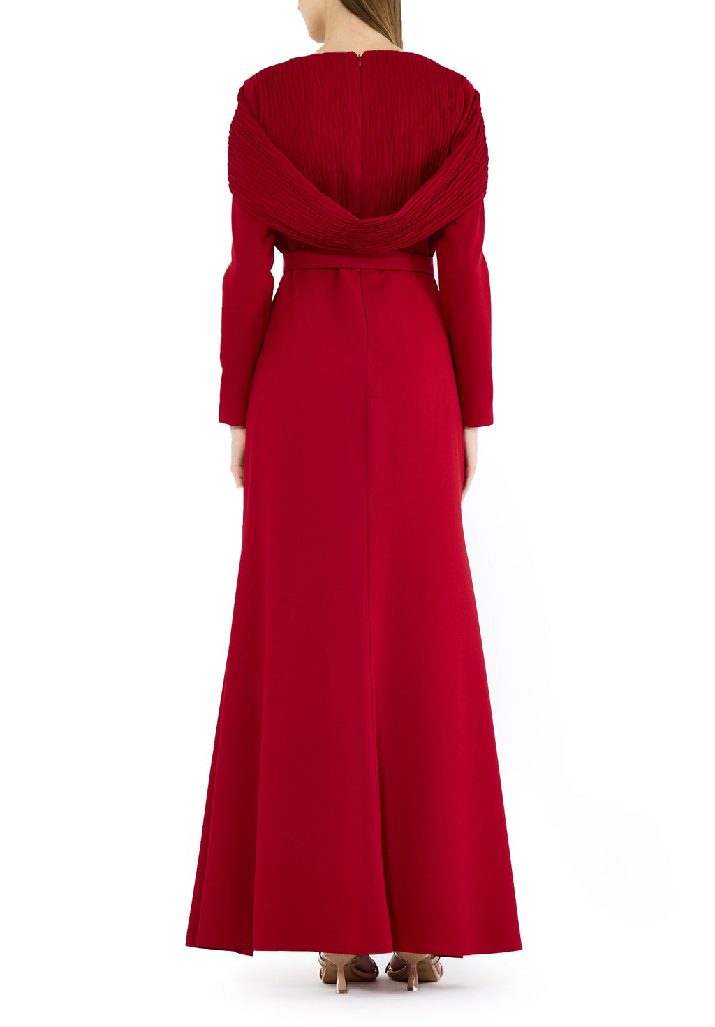 Stunning Pleat Detailed Fit And Flare Crepe Dress with V-Neckline And Long Sleeves