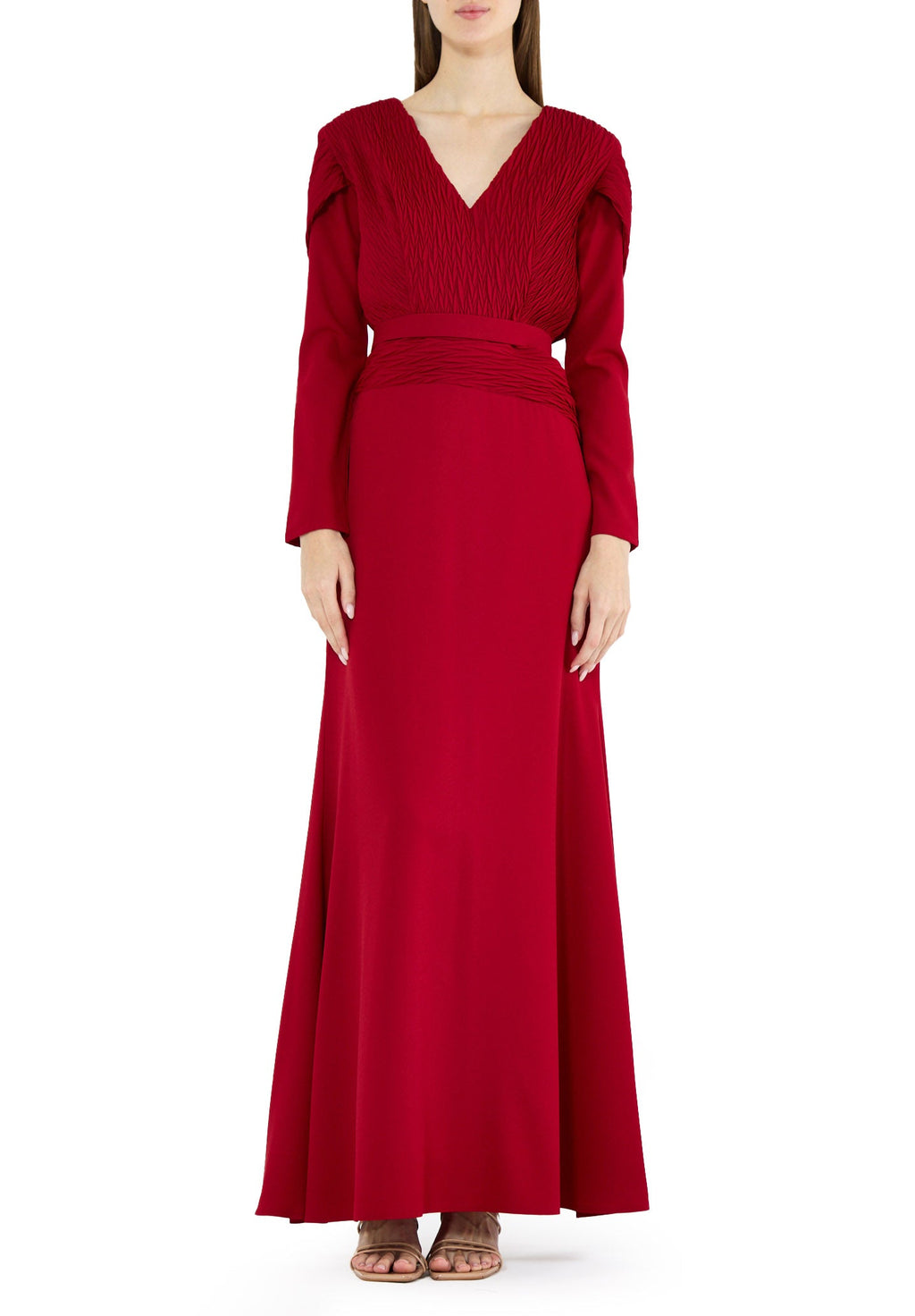 Stunning Pleat Detailed Fit And Flare Crepe Dress with V-Neckline And Long Sleeves
