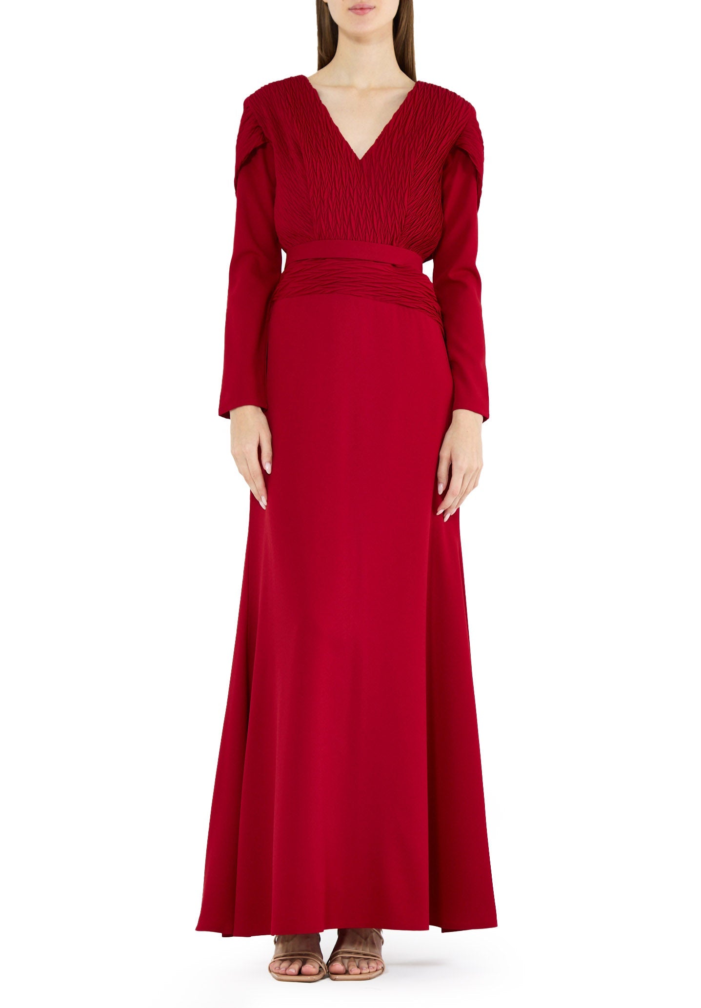 Stunning Pleat Detailed Fit And Flare Crepe Dress with V-Neckline And Long Sleeves