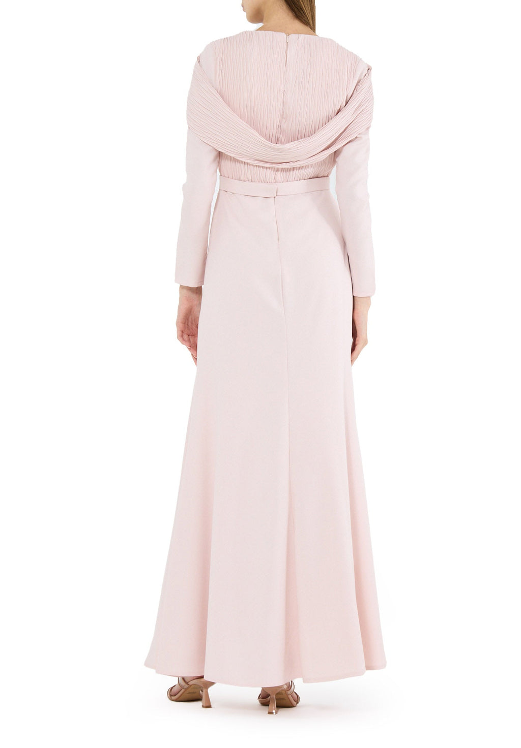 Stunning Pleat Detailed Fit And Flare Crepe Dress with V-Neckline And Long Sleeves