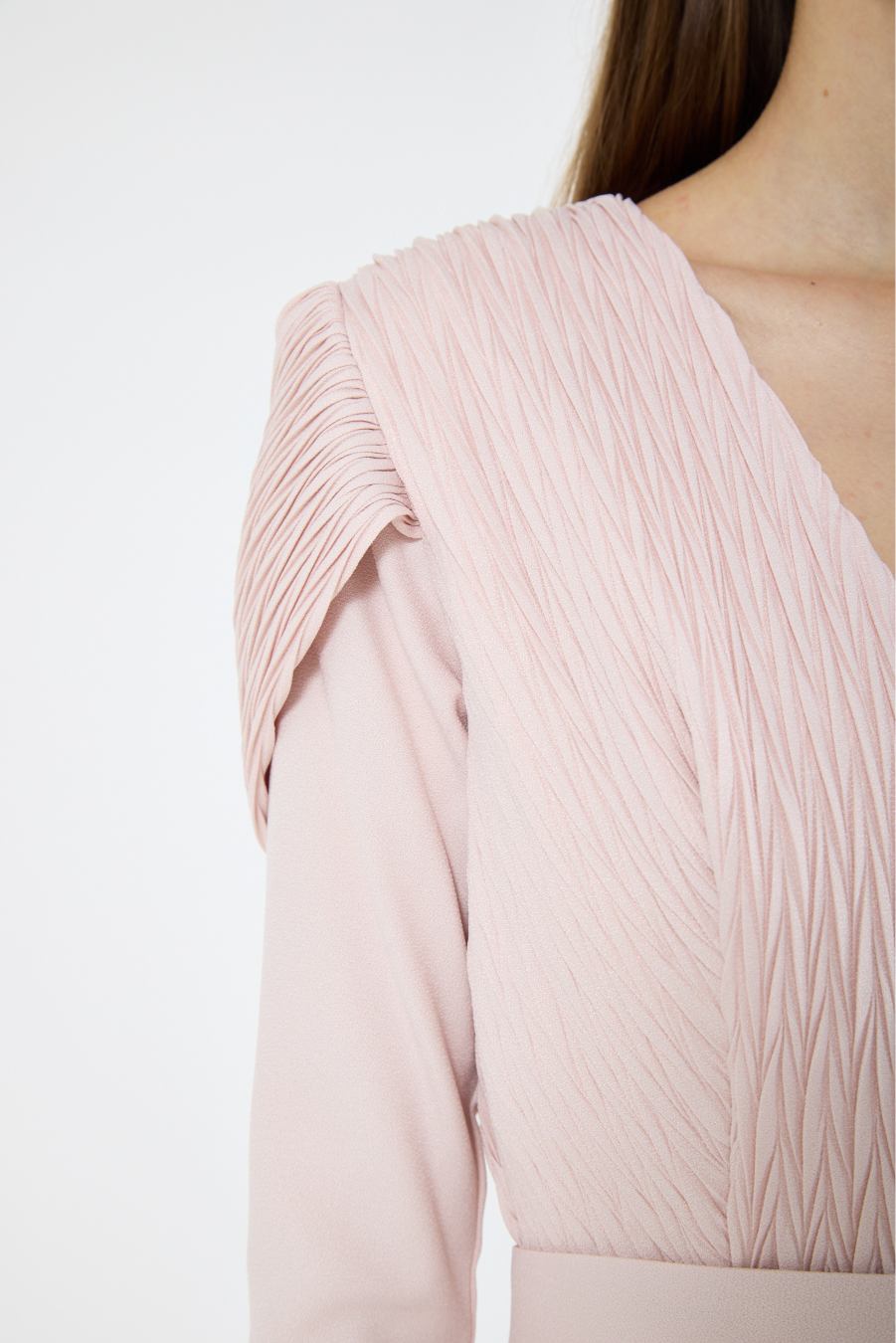 Stunning Pleat Detailed Fit And Flare Crepe Dress with V-Neckline And Long Sleeves