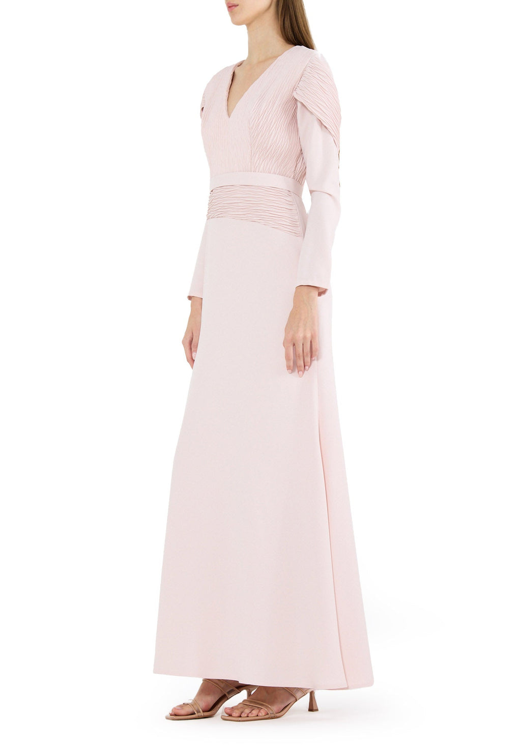 Stunning Pleat Detailed Fit And Flare Crepe Dress with V-Neckline And Long Sleeves