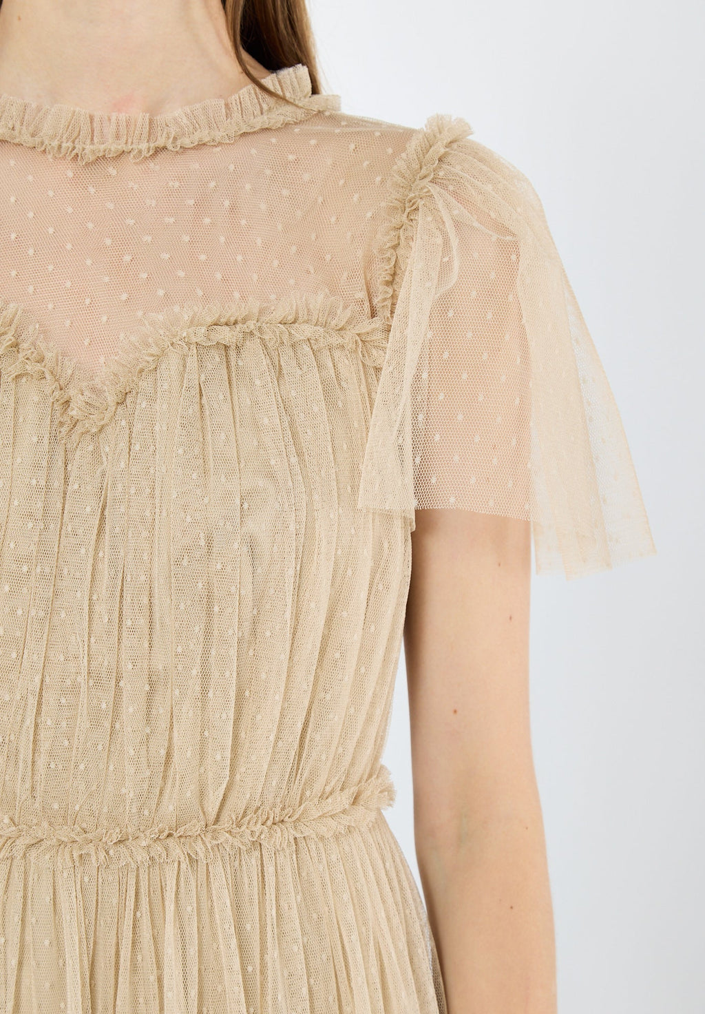 Stunning Frilled Long Tulle Dress With Illusion Neckline And Short Flared Sleeves