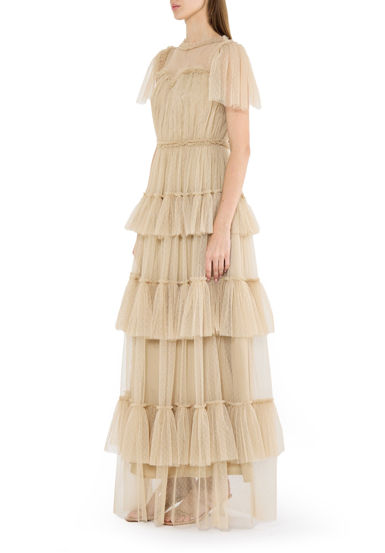 Stunning Frilled Long Tulle Dress With Illusion Neckline And Short Flared Sleeves