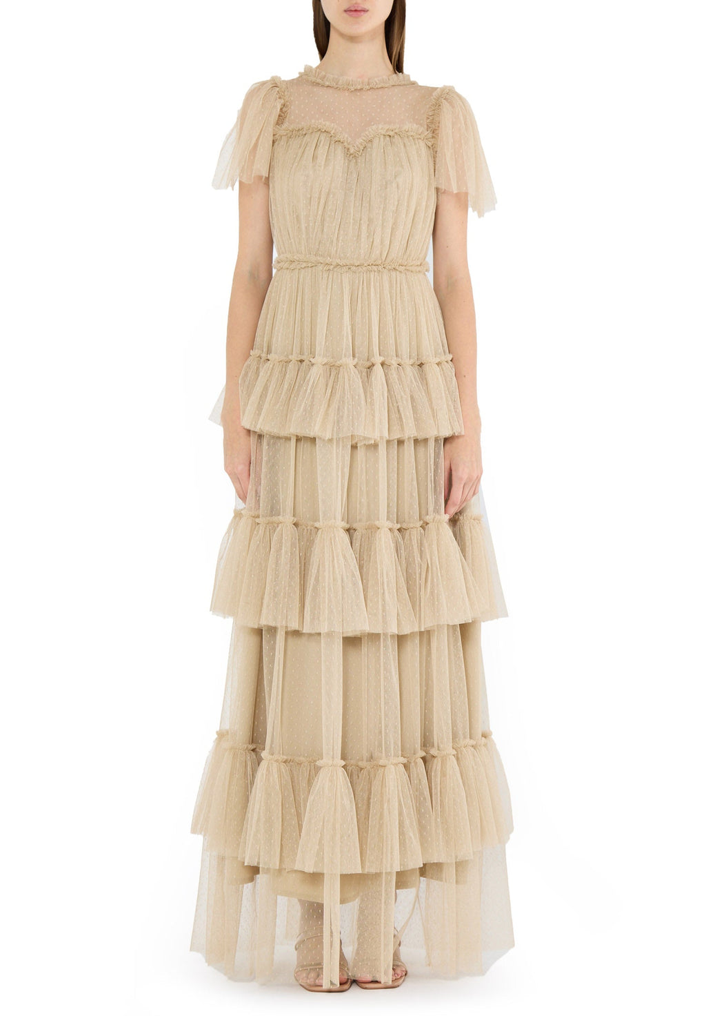 Stunning Frilled Long Tulle Dress With Illusion Neckline And Short Flared Sleeves