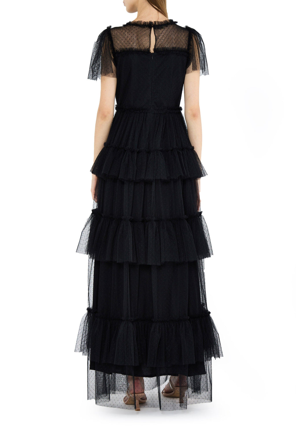 Stunning Frilled Long Tulle Dress With Illusion Neckline And Short Flared Sleeves