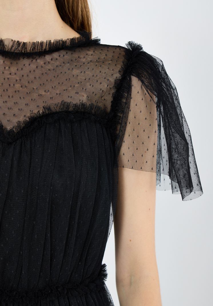 Stunning Frilled Long Tulle Dress With Illusion Neckline And Short Flared Sleeves