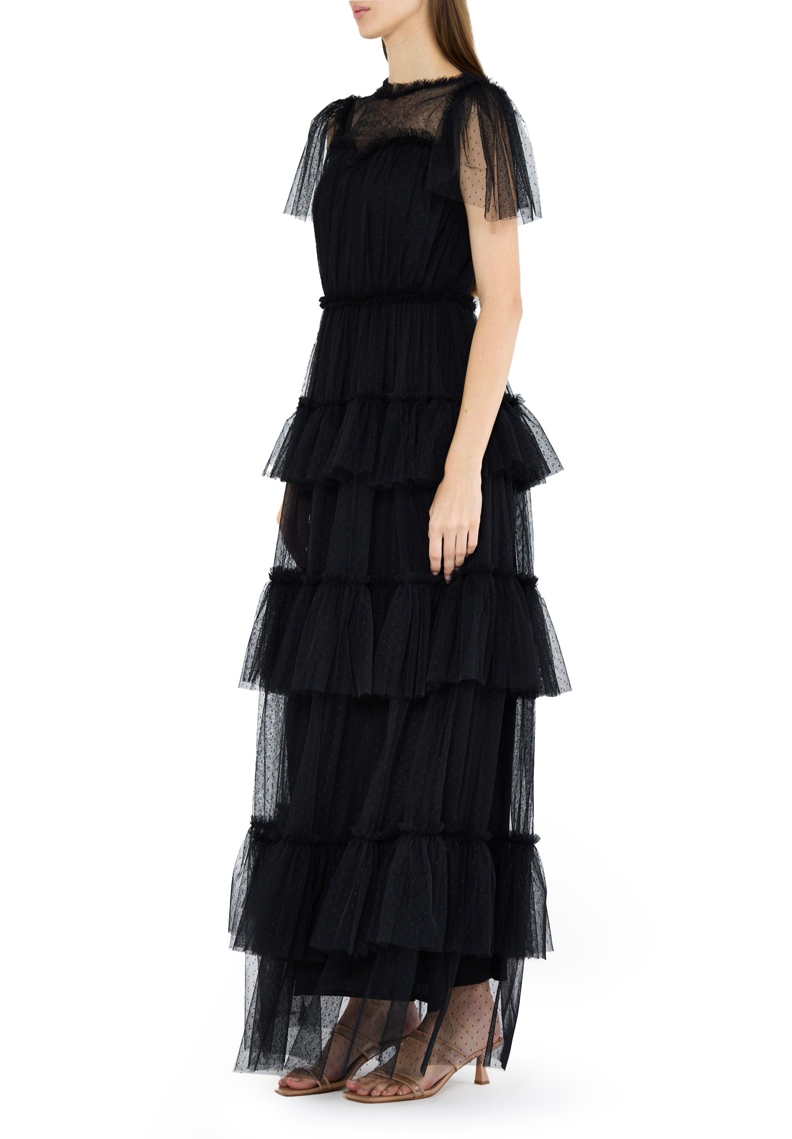 Stunning Frilled Long Tulle Dress With Illusion Neckline And Short Flared Sleeves