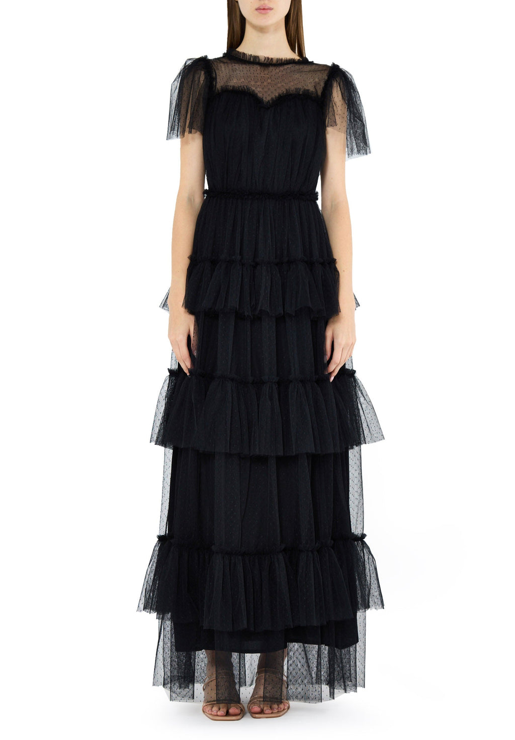 Stunning Frilled Long Tulle Dress With Illusion Neckline And Short Flared Sleeves