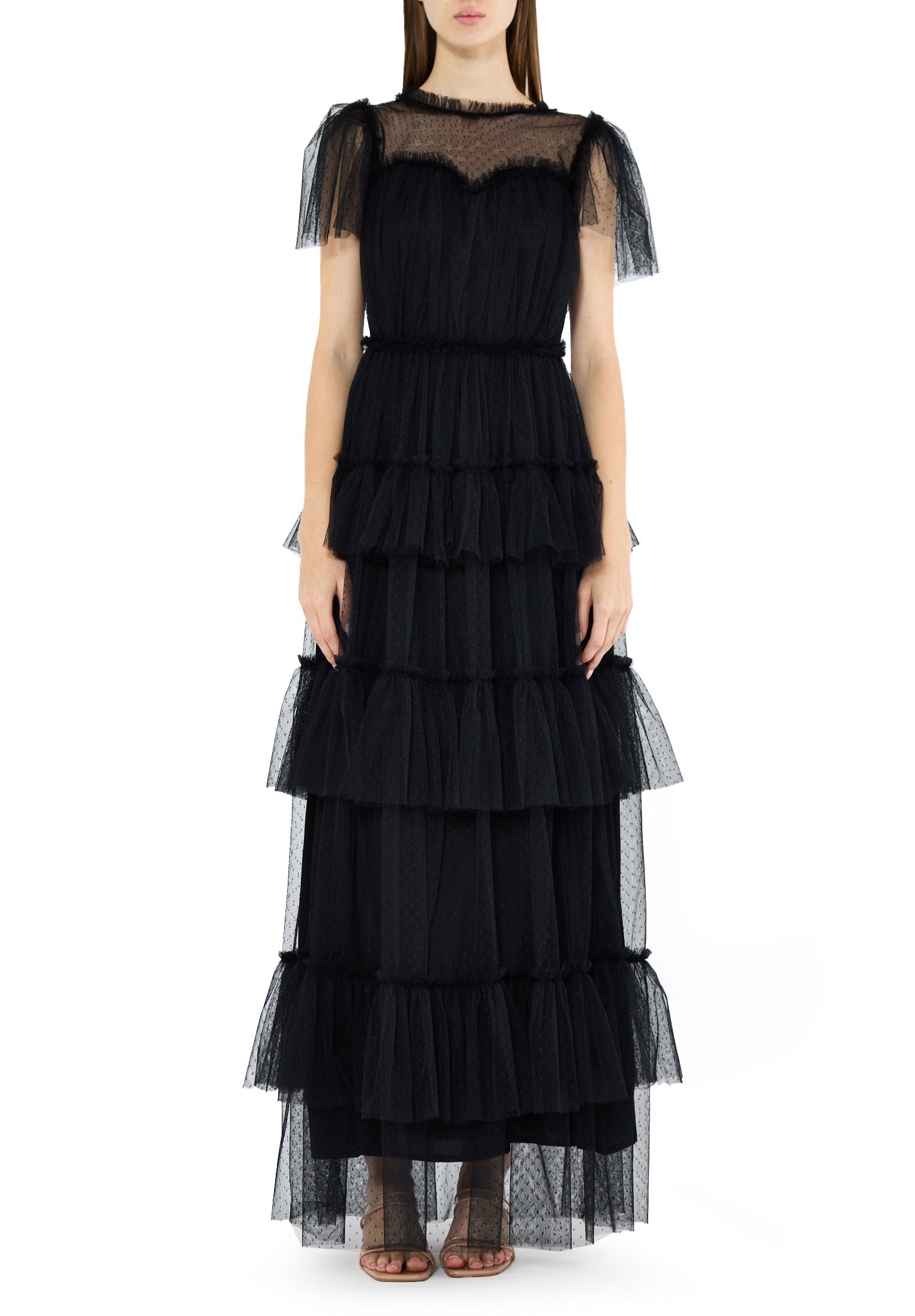 Stunning Frilled Long Tulle Dress With Illusion Neckline And Short Flared Sleeves