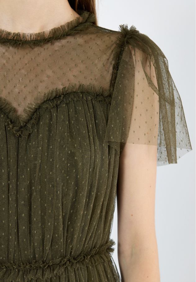 Stunning Frilled Long Tulle Dress With Illusion Neckline And Short Flared Sleeves