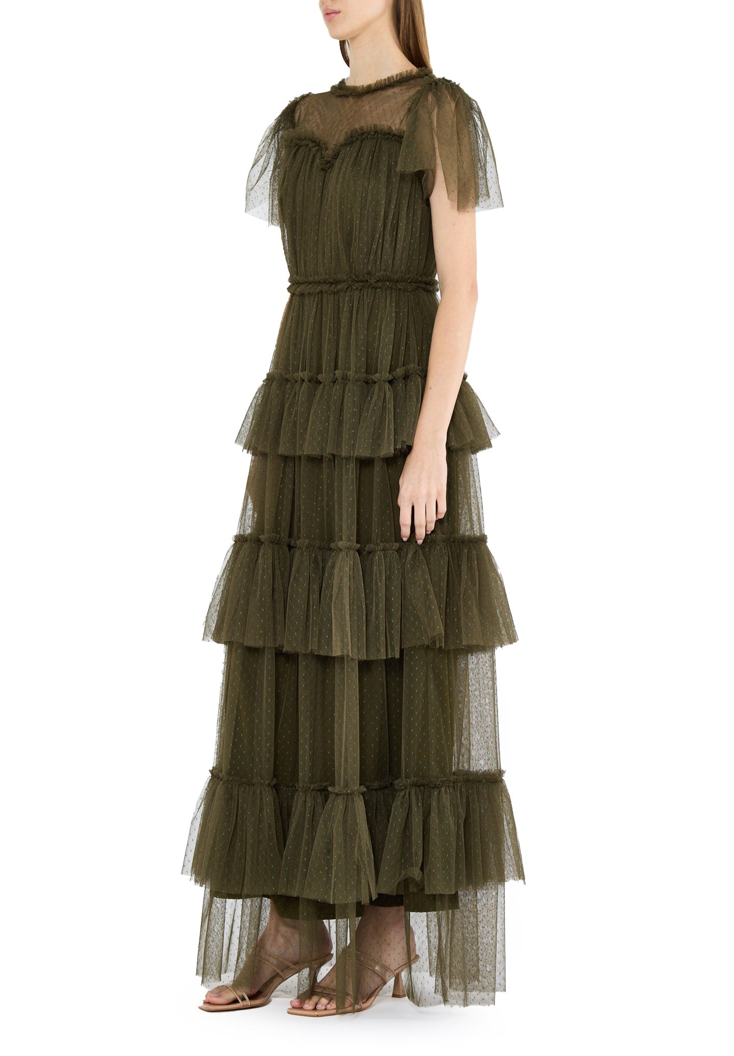 Stunning Frilled Long Tulle Dress With Illusion Neckline And Short Flared Sleeves