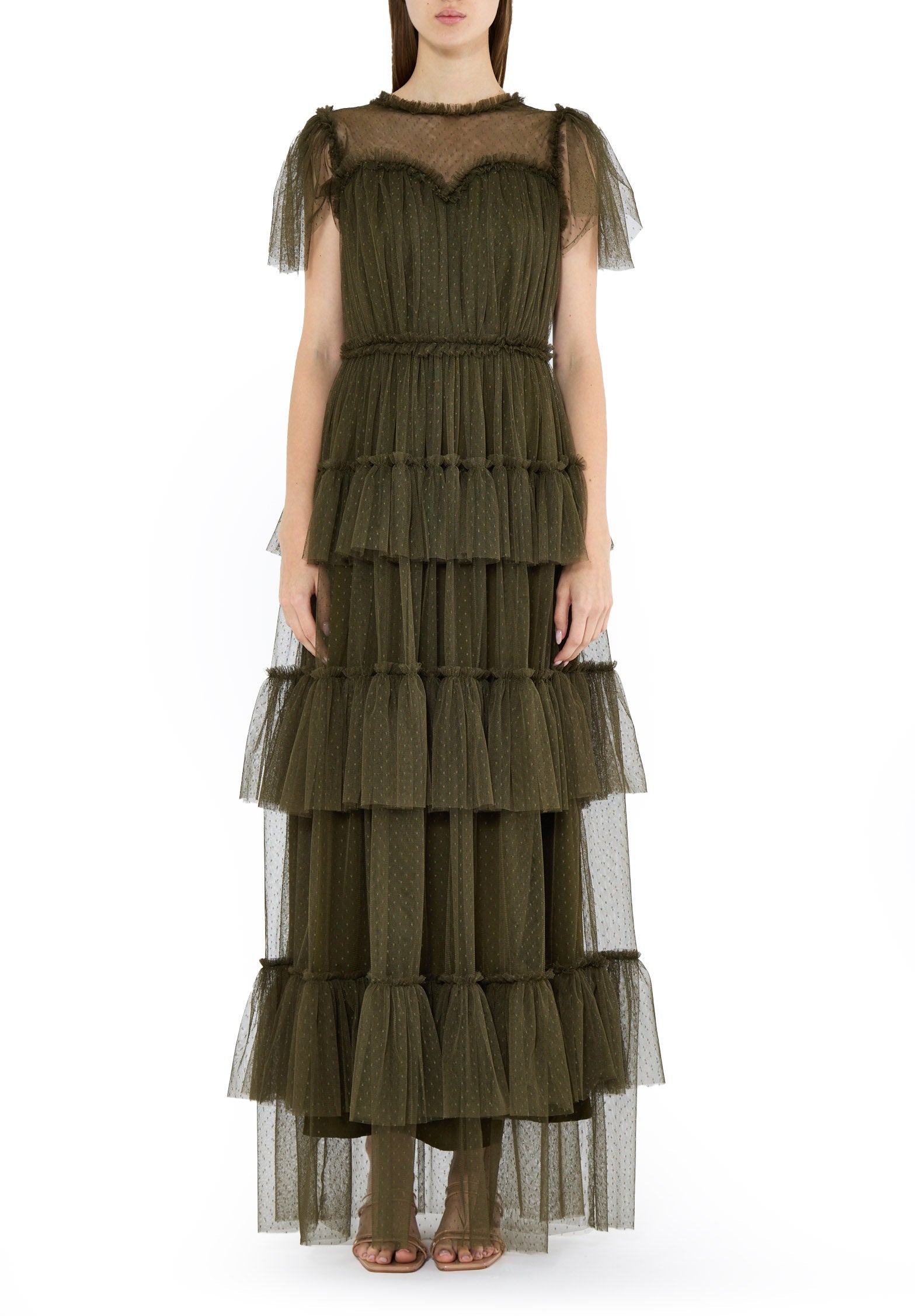 Stunning Frilled Long Tulle Dress With Illusion Neckline And Short Flared Sleeves