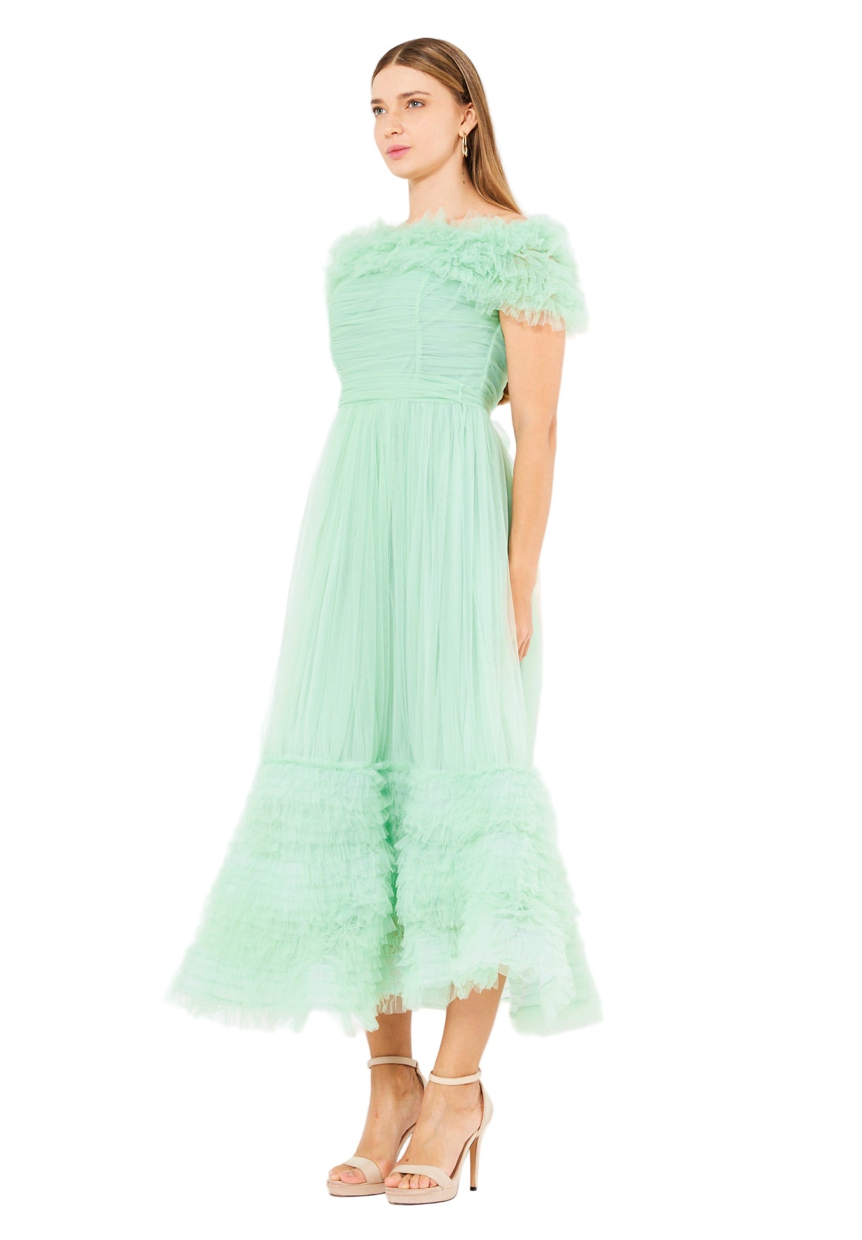 Ruffled Off-Shoulder Tulle Dress