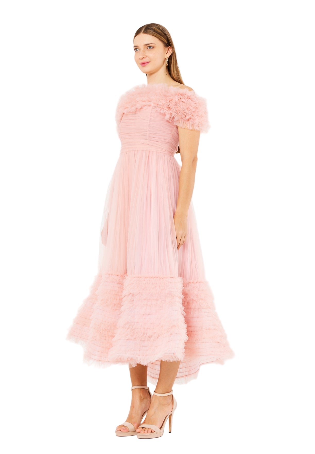 Ruffled Off-Shoulder Tulle Dress
