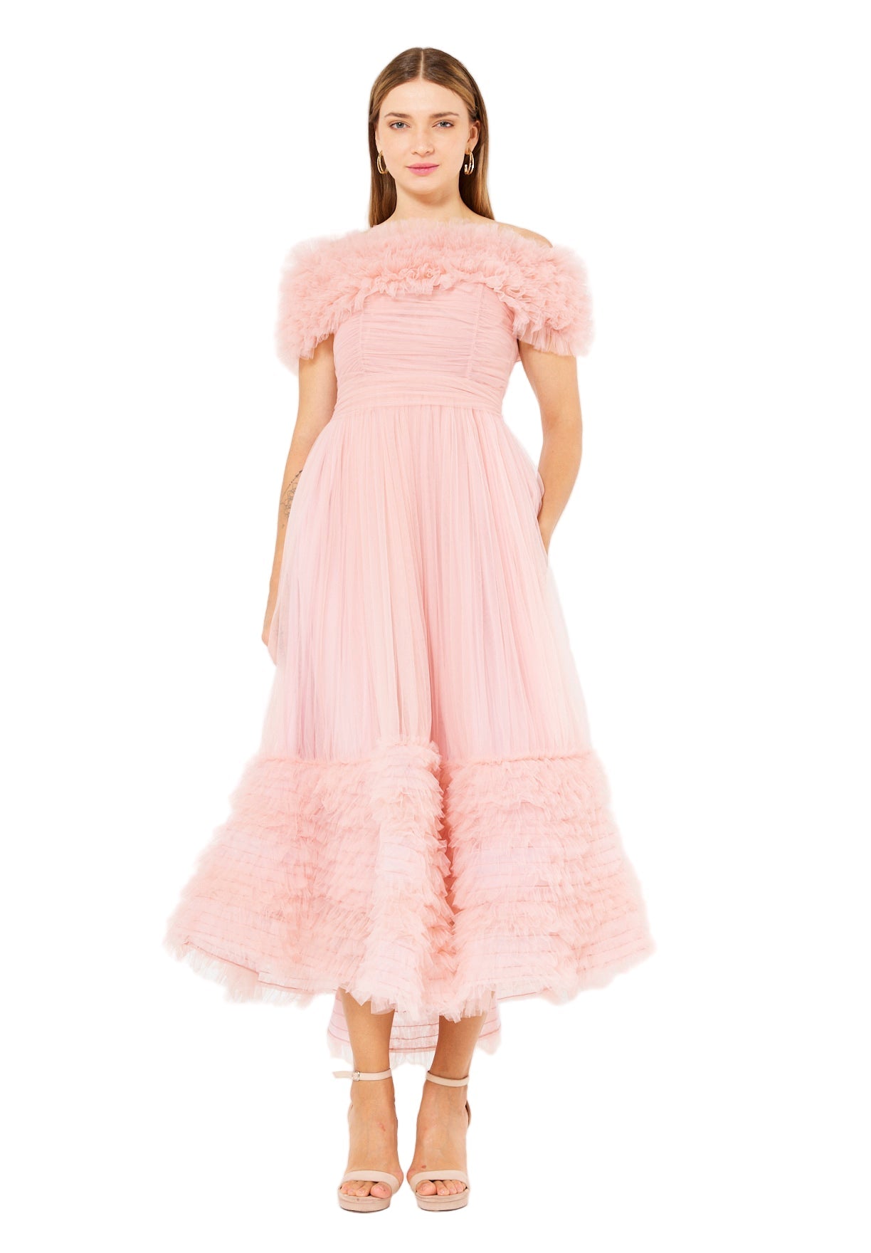 Ruffled Off-Shoulder Tulle Dress