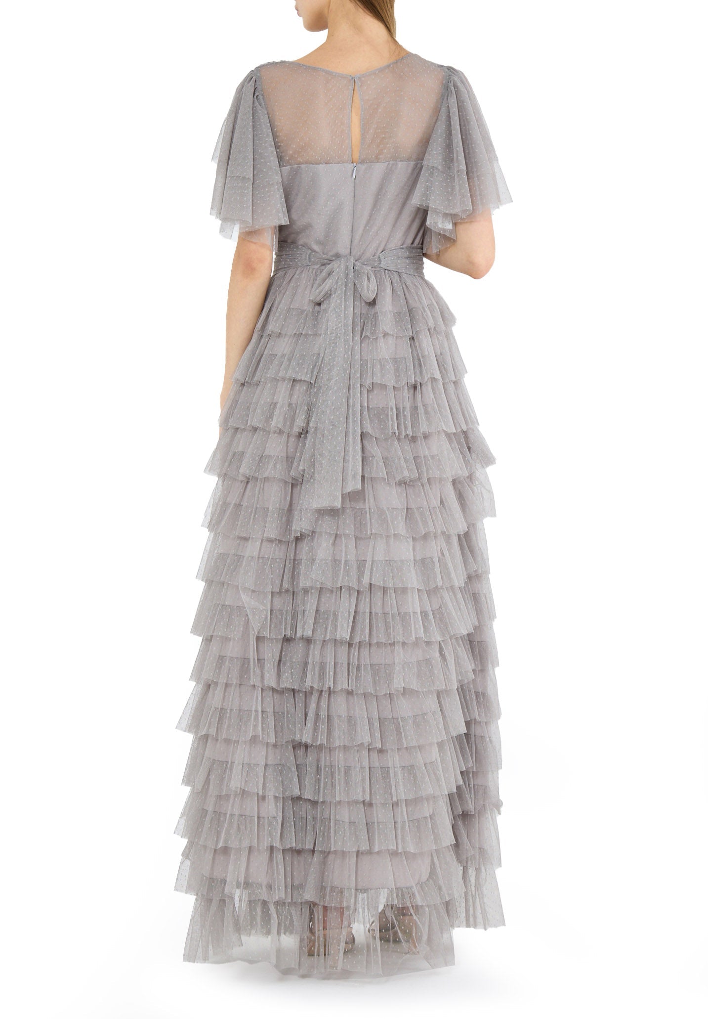 Stunning Frilled Long Tulle Dress With V-Neckline And Layered Short Sleeves