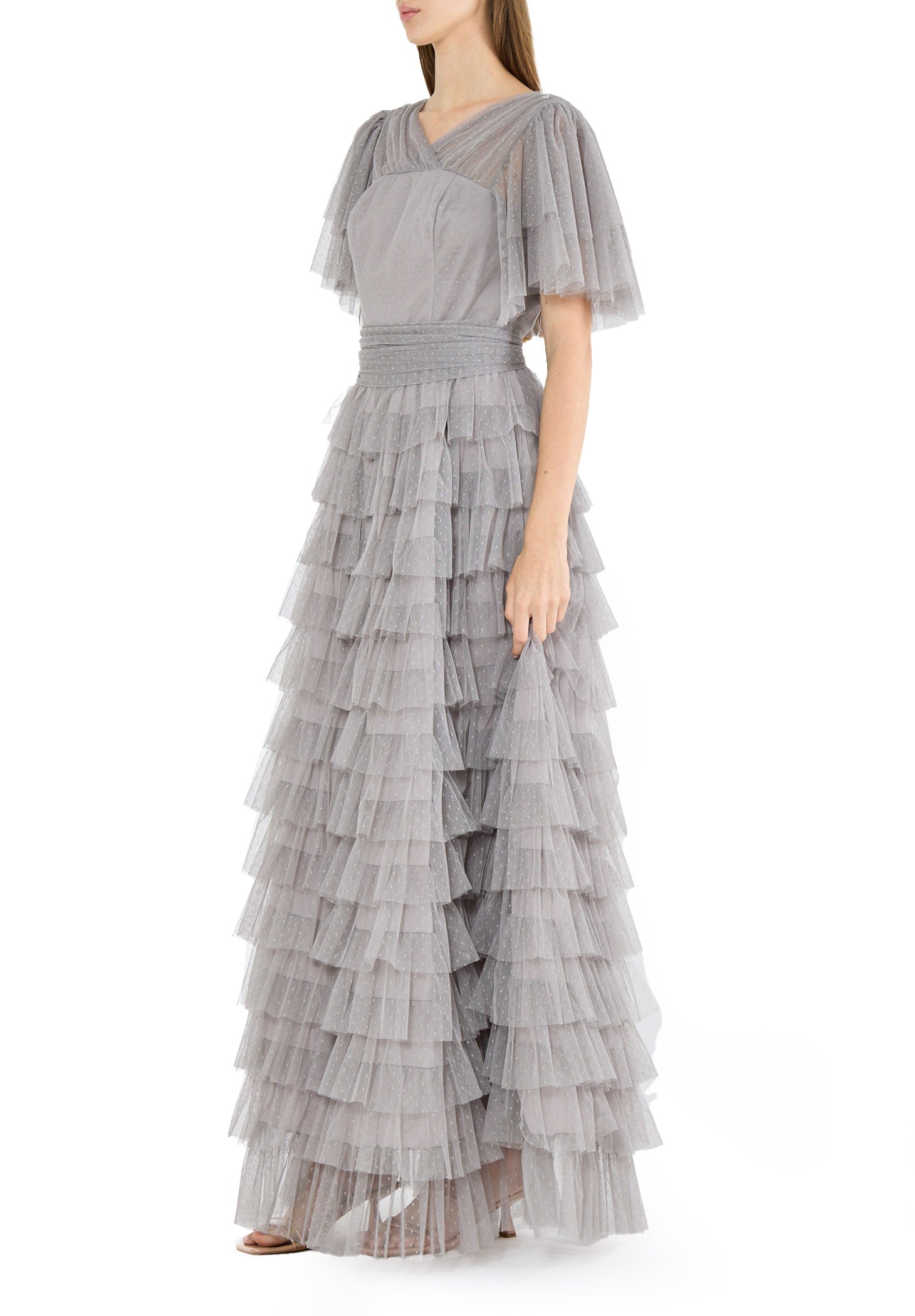 Stunning Frilled Long Tulle Dress With V-Neckline And Layered Short Sleeves