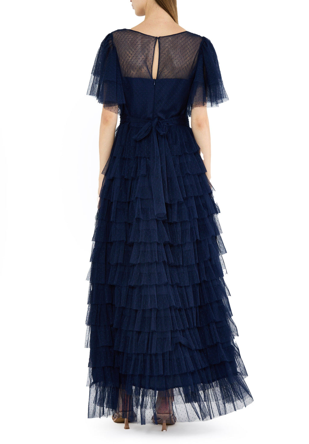 Stunning Frilled Long Tulle Dress With V-Neckline And Layered Short Sleeves