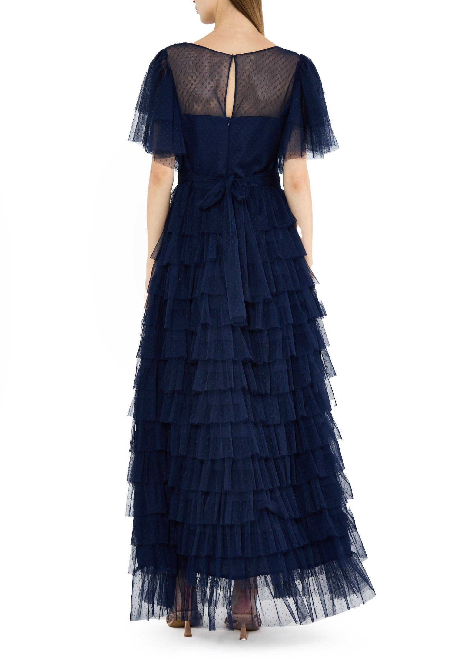 Stunning Frilled Long Tulle Dress With V-Neckline And Layered Short Sleeves