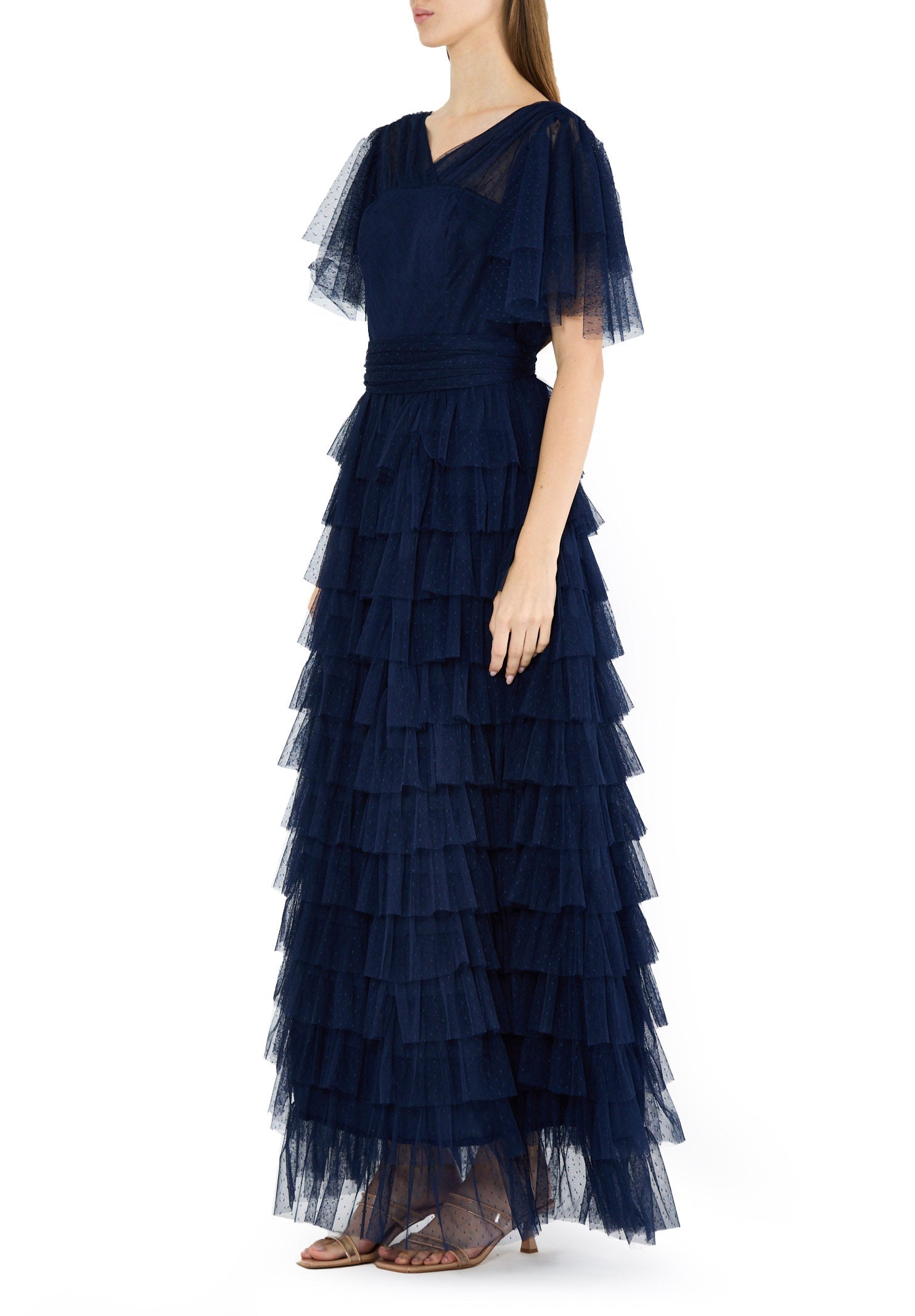 Stunning Frilled Long Tulle Dress With V-Neckline And Layered Short Sleeves