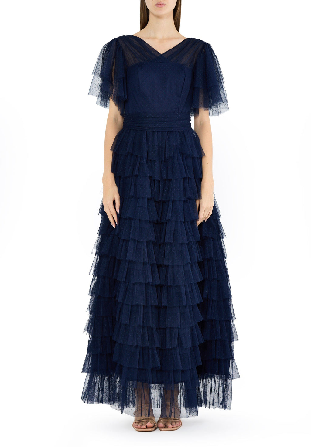 Stunning Frilled Long Tulle Dress With V-Neckline And Layered Short Sleeves