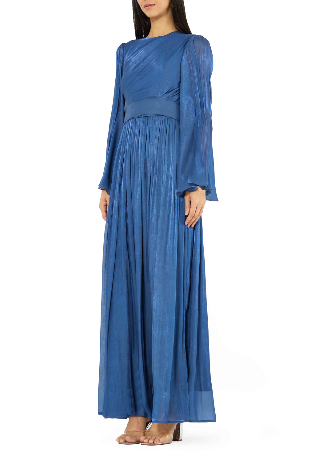 Beautiful Silk Flared Long Dress With Round Neckline And Flared Long Sleeves